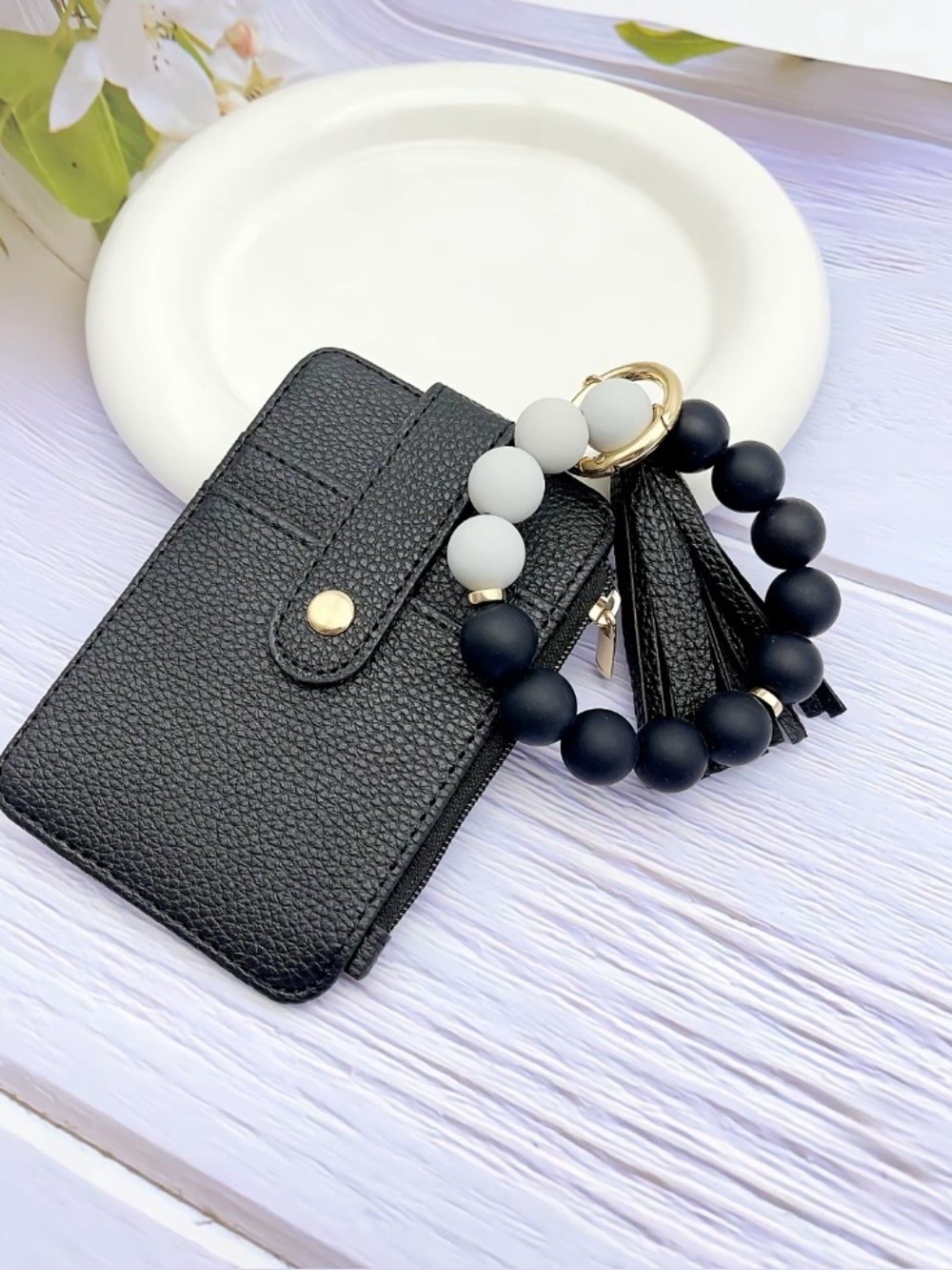 Black Wristlet Card Holder Keychain with Matte Black & White Bead Bracelet